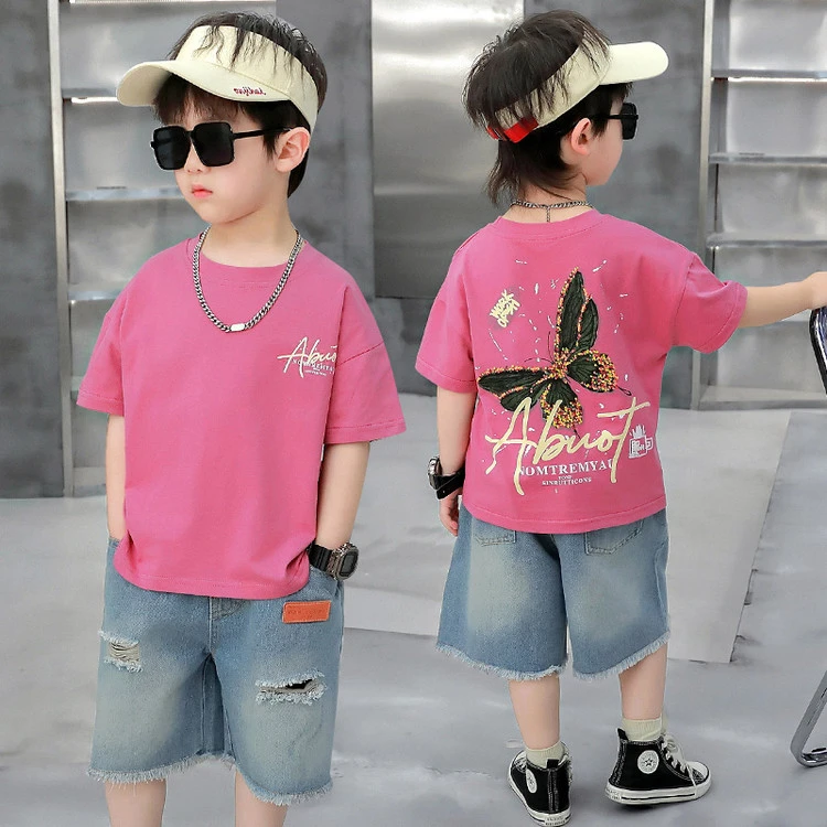 夏装洋气中大童时髦春季春秋儿童婴儿分体薄款网红蝴蝶牛仔裤套装