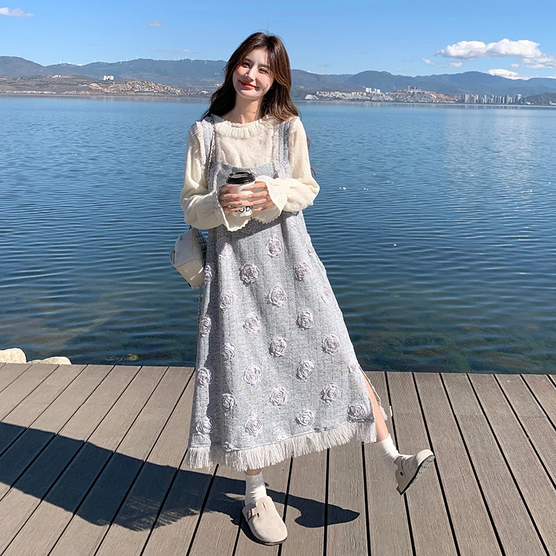 超好看连衣裙套装女2025初春新款法式气质立体花朵内搭长裙两件套