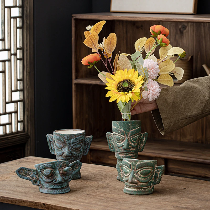 国潮复古风三星堆陶瓷花瓶酒店客厅房间装饰品家居饰品工艺品摆件