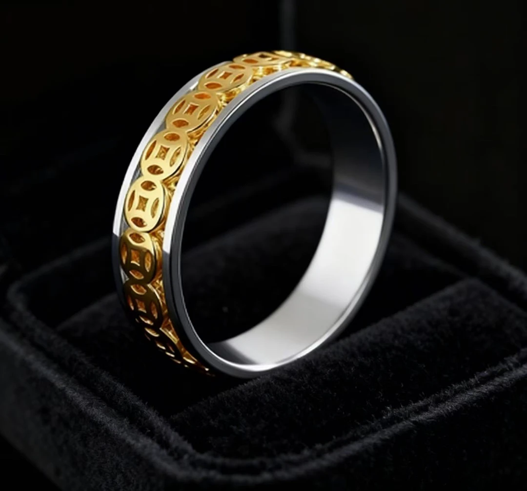 足银戒指 足银999纯银可转动旋转金钱币钱多多戒指招环寓意男女款