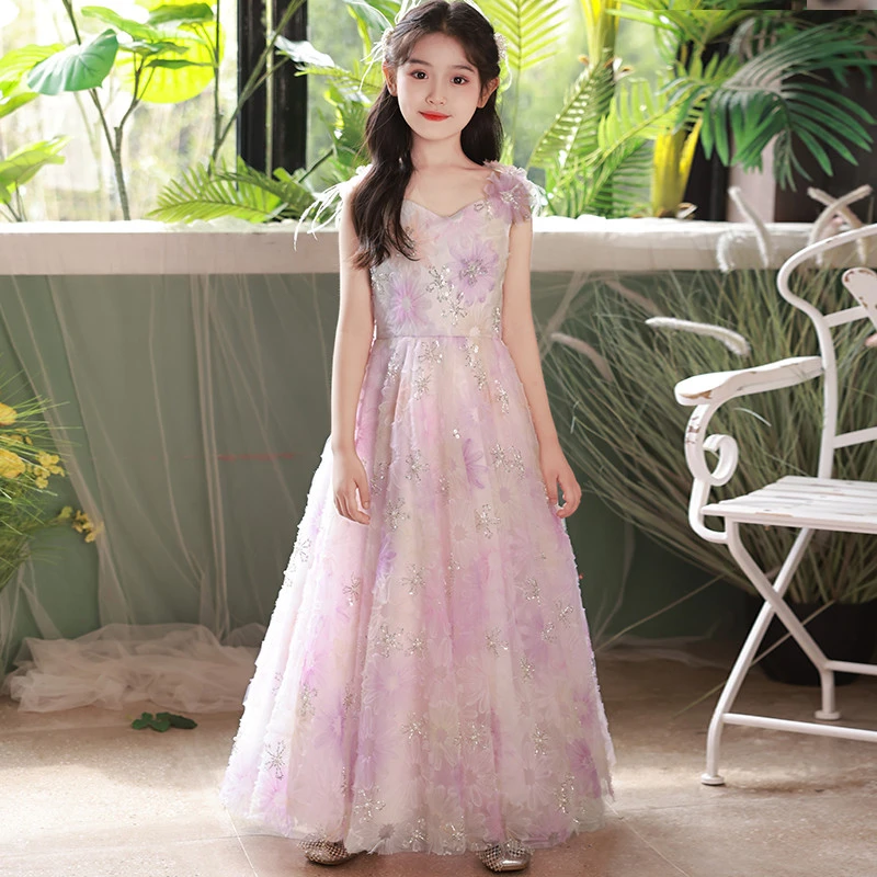 儿童礼服演出服钢琴主持生日唯美女童短袖珍珠高端定制紫色公主裙