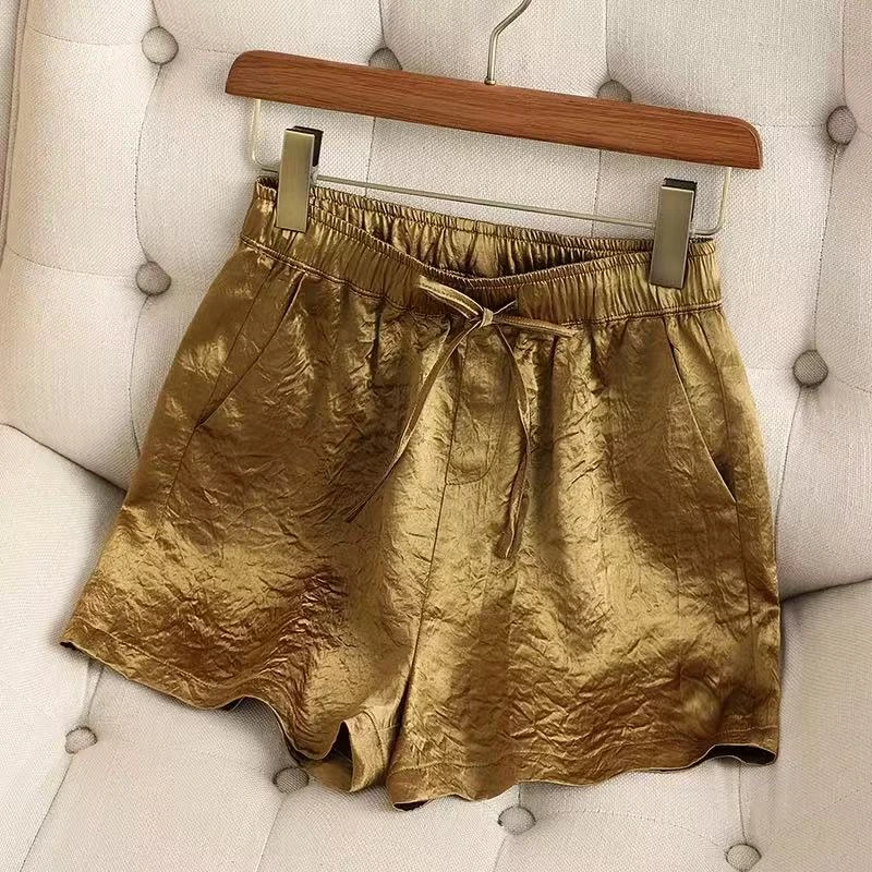 100醋酸纤维松紧腰抽绳高端醋酸凉感短裤夏季薄款欧货洋气阔腿裤