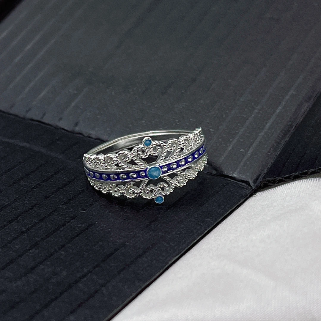 足银戒指 足银皇冠珐琅彩花丝工艺镂空精致活口戒指