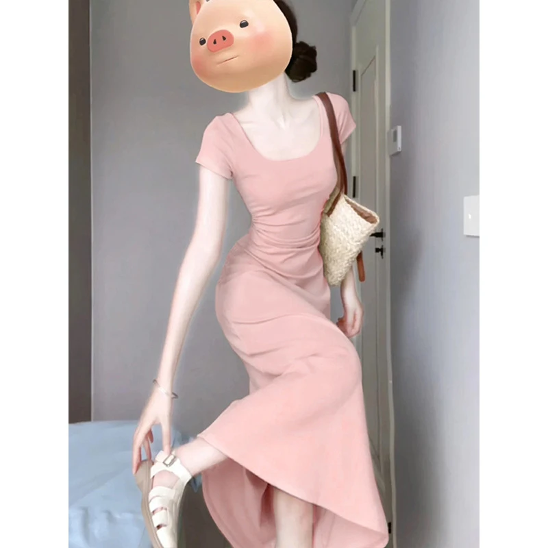 粉色连衣裙女夏季多巴胺掐腰夏日绝美小裙子性感修身显瘦包臀长裙