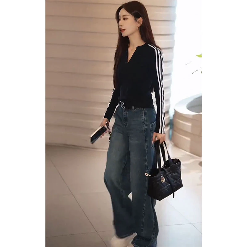 时尚百搭牛仔裤子早秋季显瘦正肩长袖T恤2025年网红款街头风套装