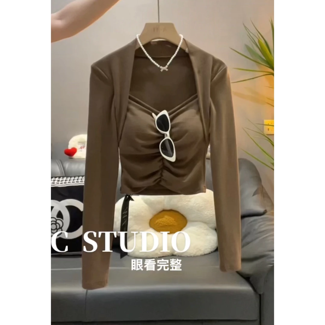 2025新款秋冬韩版时尚设计感褶皱纯欲磨毛短款长袖打底衫上衣女