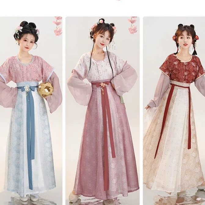 小唐春唐制汉服敦煌印刷印花唐褙春夏圆领衫套装齐腰八破裙日常