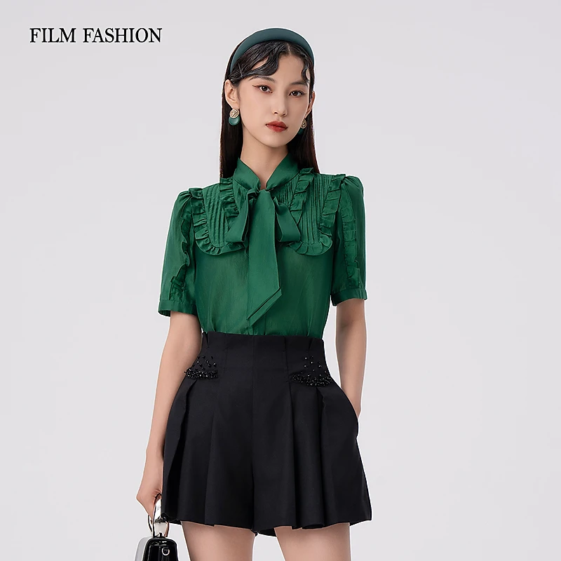 一电影一时装春季新款绿色木耳边衬衫女法式复古小众FFJS116316