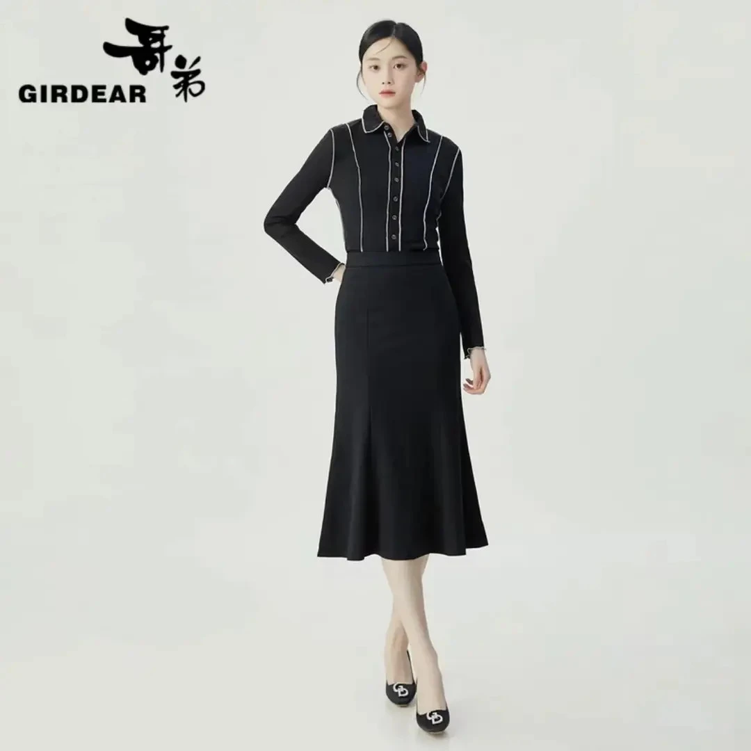 GIRDEAR/哥弟新款女装质感垂坠波浪鱼尾裙高腰显瘦半身裙1200359