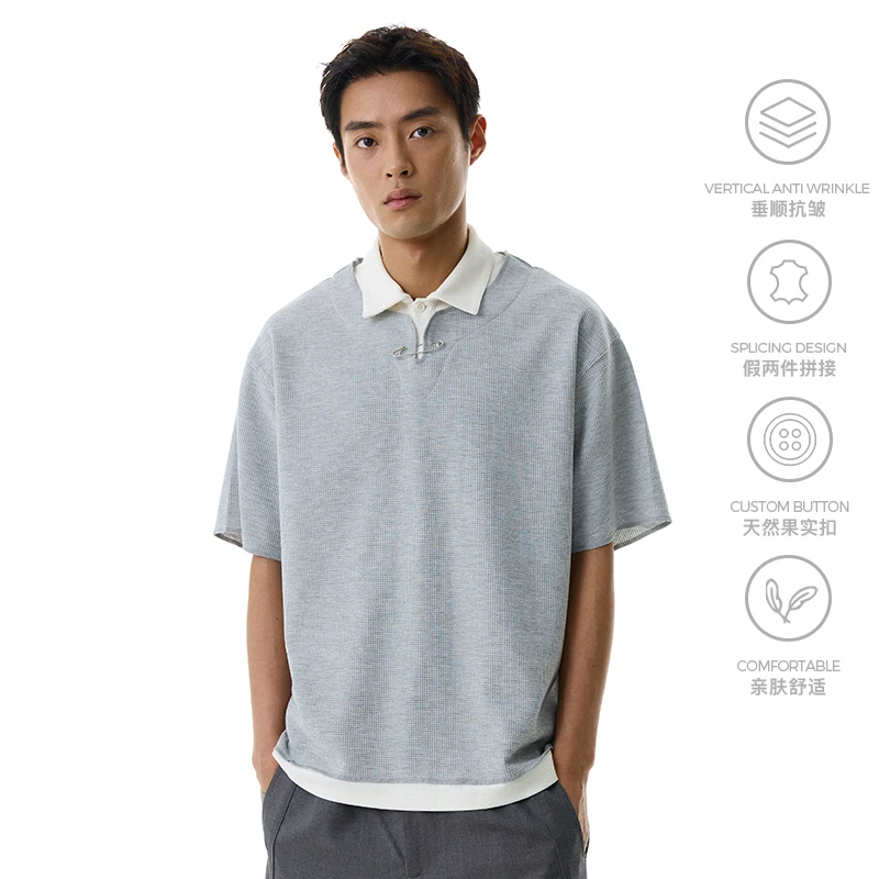 WHIMNOTION25SS假两件撞色拼接华夫格polo衫休闲百搭抗皱开春穿搭