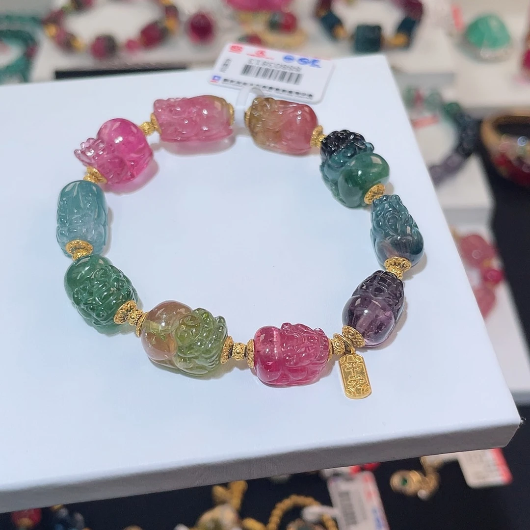 西瓜碧玺手链18K金镶嵌 貔貅