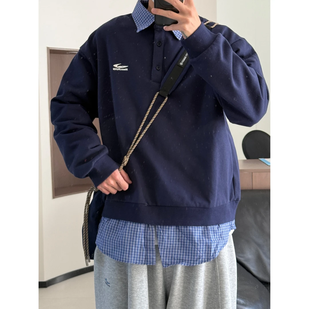 藤原不卖豆腐复古刺绣polo卫衣假两件春季男女情侣休闲51C05