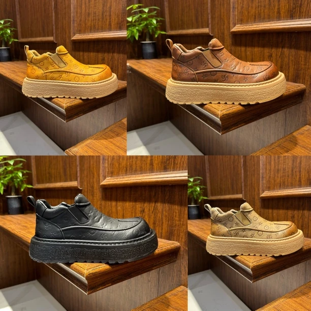 秋冬增高休闲鞋素面时尚厚底皮面单棉轻便软底男款潮鞋