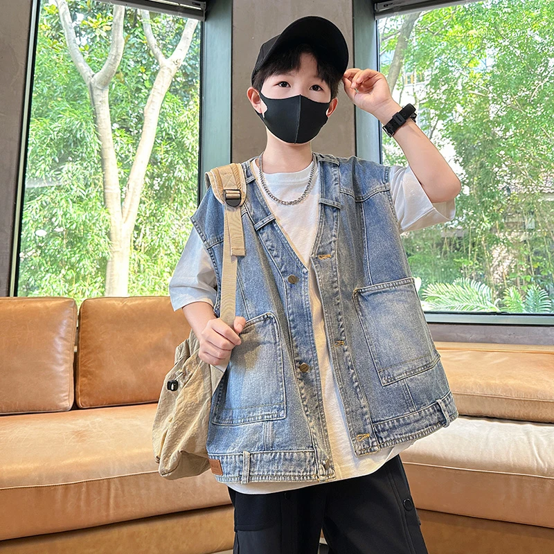 童装男童时髦工装牛仔马甲外穿春装2025新款洋气大童男孩春秋坎肩