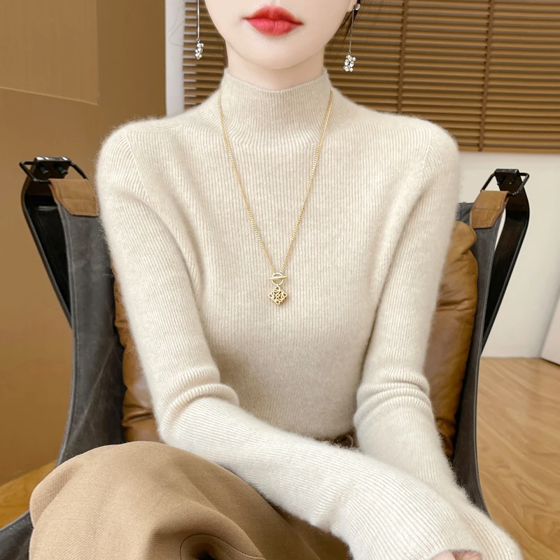 羊毛衫女半高领修身套头毛衣显瘦百搭纯羊毛衫针织衫秋冬