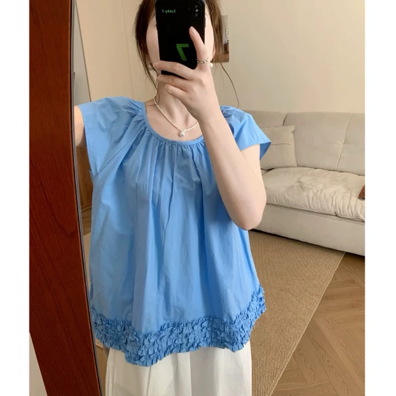 【运补6】韩版2025年夏季新款宽松拼接木耳花边休闲百搭无袖上衣女