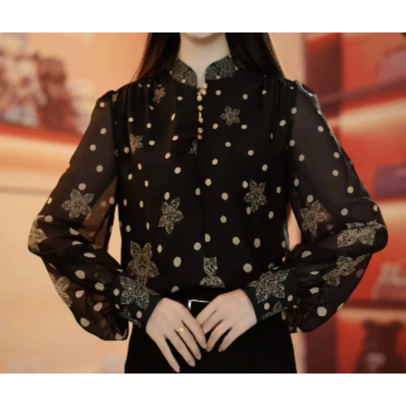 2025夏印花修身款显瘦长袖波点时尚衬衫气质百搭女士打底女装小衫
