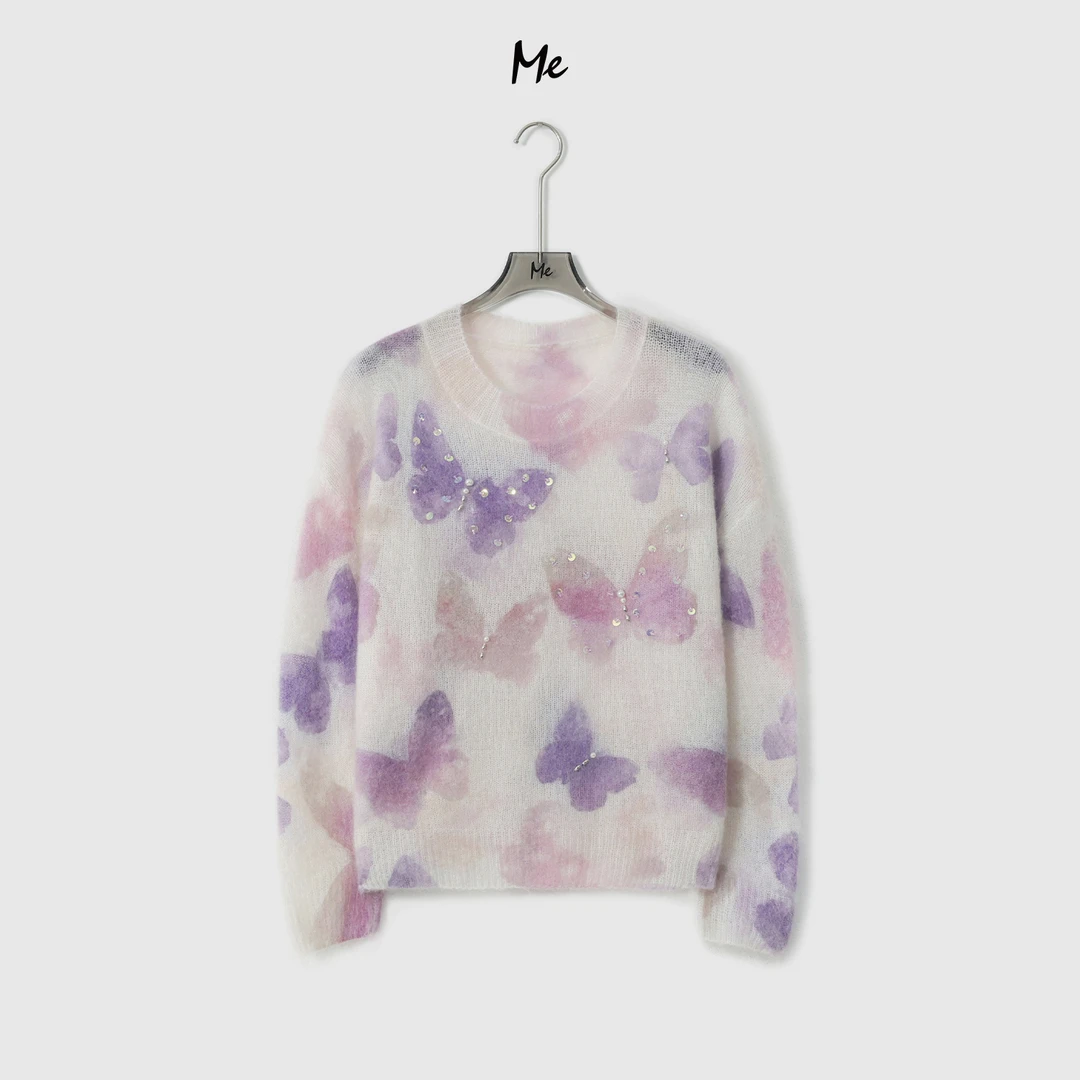 ME【梦之蝶影】绵羊毛马海毛混纺艺术色织百搭时尚拉毛毛衣MESA1119