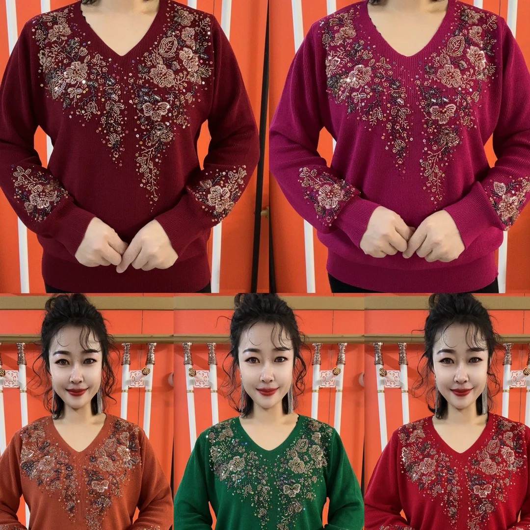 V领重工亮片串珠袖子花焦麻衫