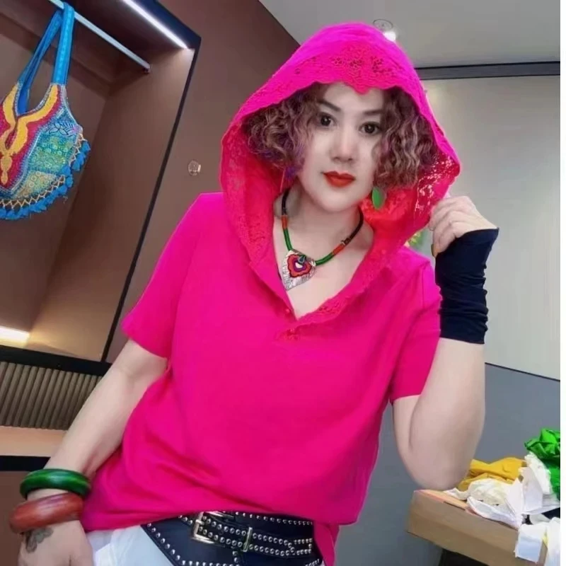 24029夏季薄款连帽花边短袖