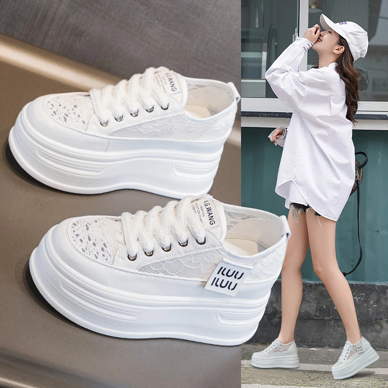 小白鞋子女2025年夏季新款透气网纱厚底松糕鞋百搭网鞋内增高女鞋