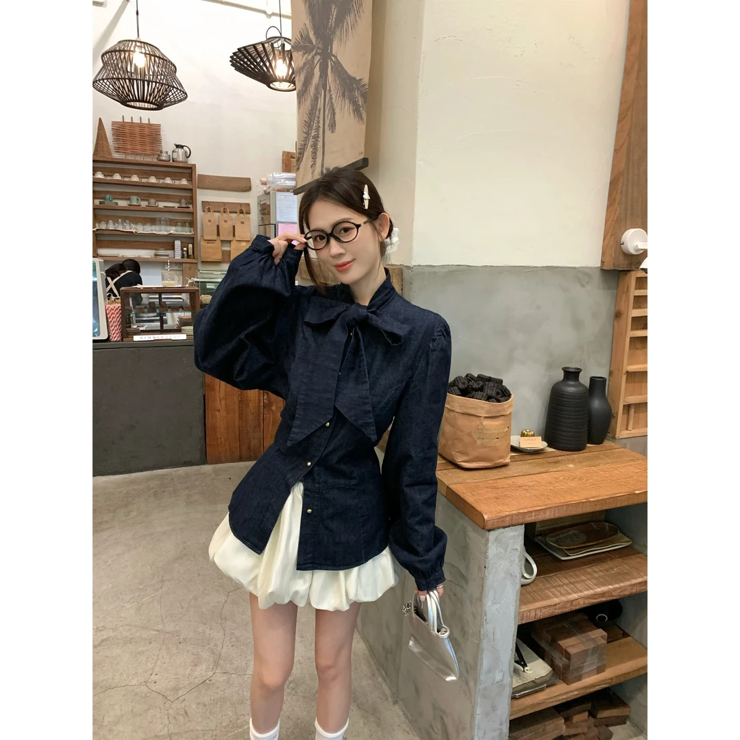 蝴蝶结系带设计感长袖牛仔衬衫花苞半身裙女2025秋季新款时尚套装