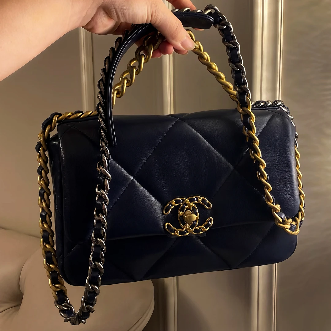99新 Chanel/香奈儿 1166|香奈儿手黑蓝19bag深蓝小号斜挎包手提