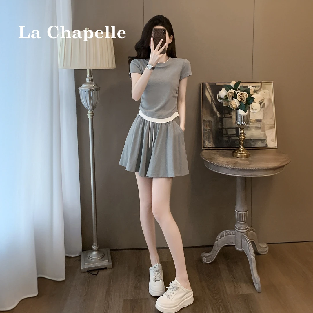拉夏贝尔灰色休闲运动套装女夏季新款假两件短袖T恤短裤裙两件套