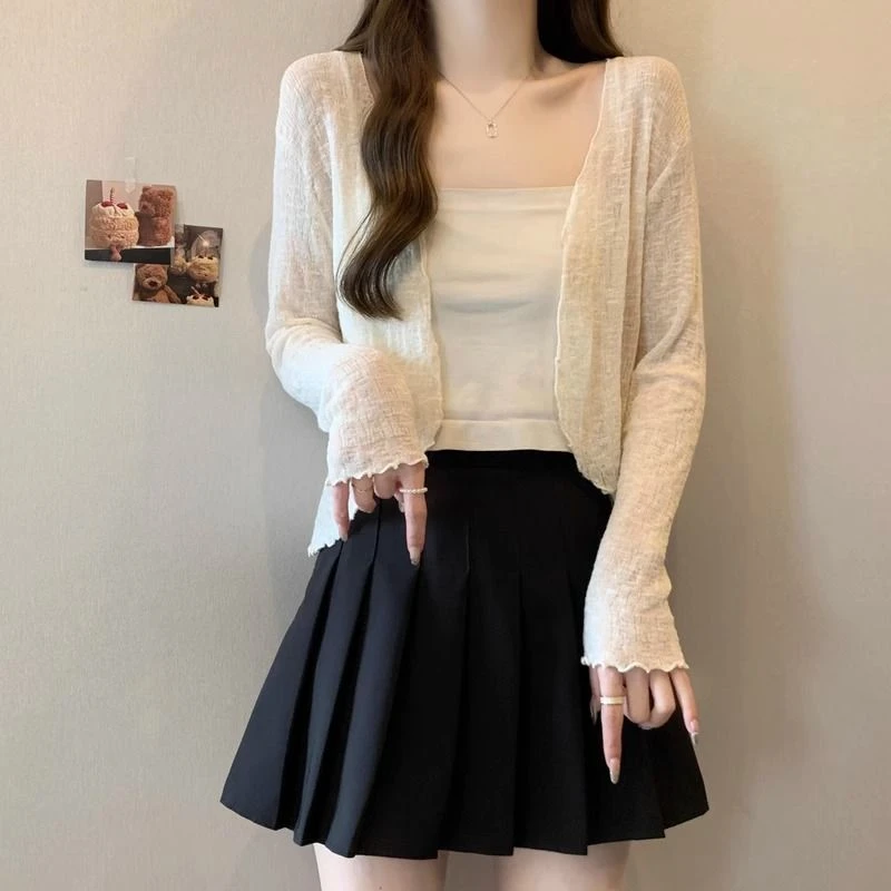 大码冰丝长袖防晒衣开衫女裝胖mm夏季外搭吊带罩衫薄款空调衫外套