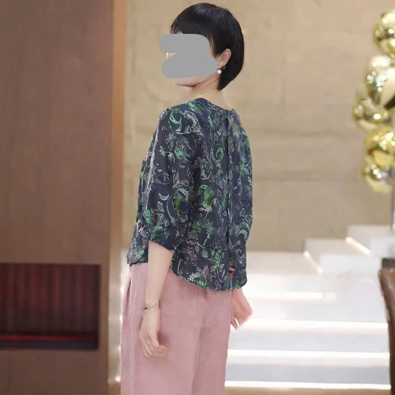 时髦百搭印花雪纺衫女2025年夏季新款复古洋气休闲五分袖方领上衣