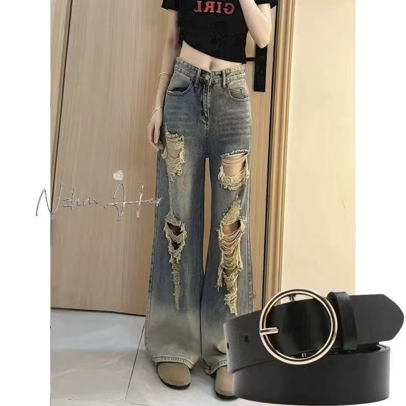 美式高街设计感破洞牛仔裤女夏季新款复古高腰直筒宽松显瘦阔腿裤