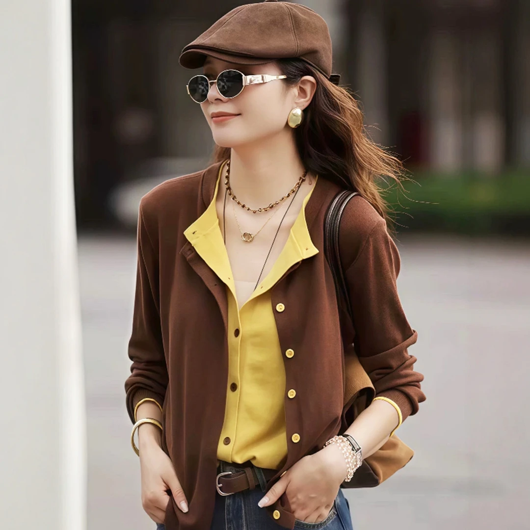 韩系春秋穿搭咖色假两件长袖针织衫女2025新款独特设计感开衫上衣