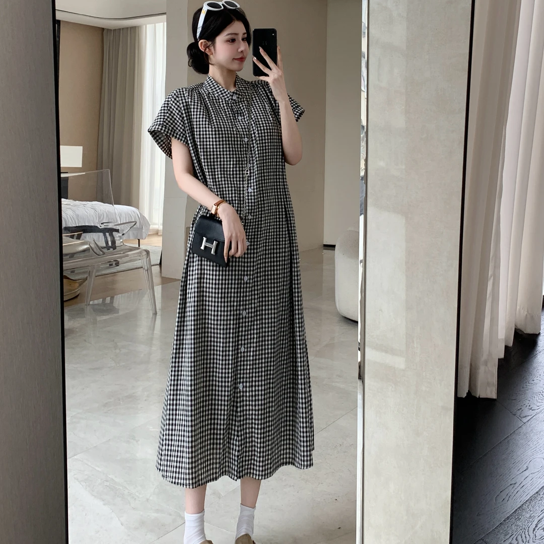 2025夏新款/复古文艺宽松格子衬衫裙宽松长款短袖连衣裙
