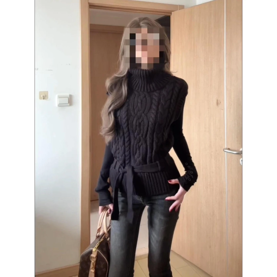 粗针毛线衣麻花黑色高领毛衣女秋冬新款高级感无袖针织衫马甲上衣