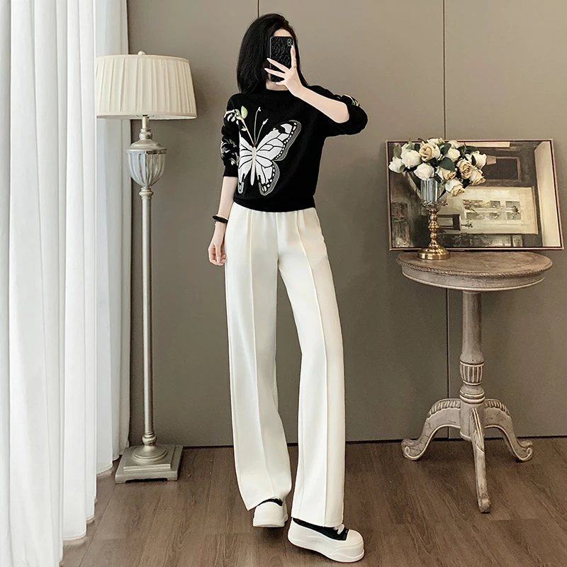 韩系早秋穿搭一整套时尚洋气减龄印花卫衣直筒长裤休闲运动两件套