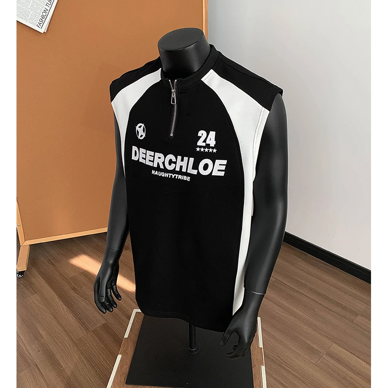 美式字母印花撞色拼接半拉链坎肩背心男夏潮流宽松短袖设计感背心