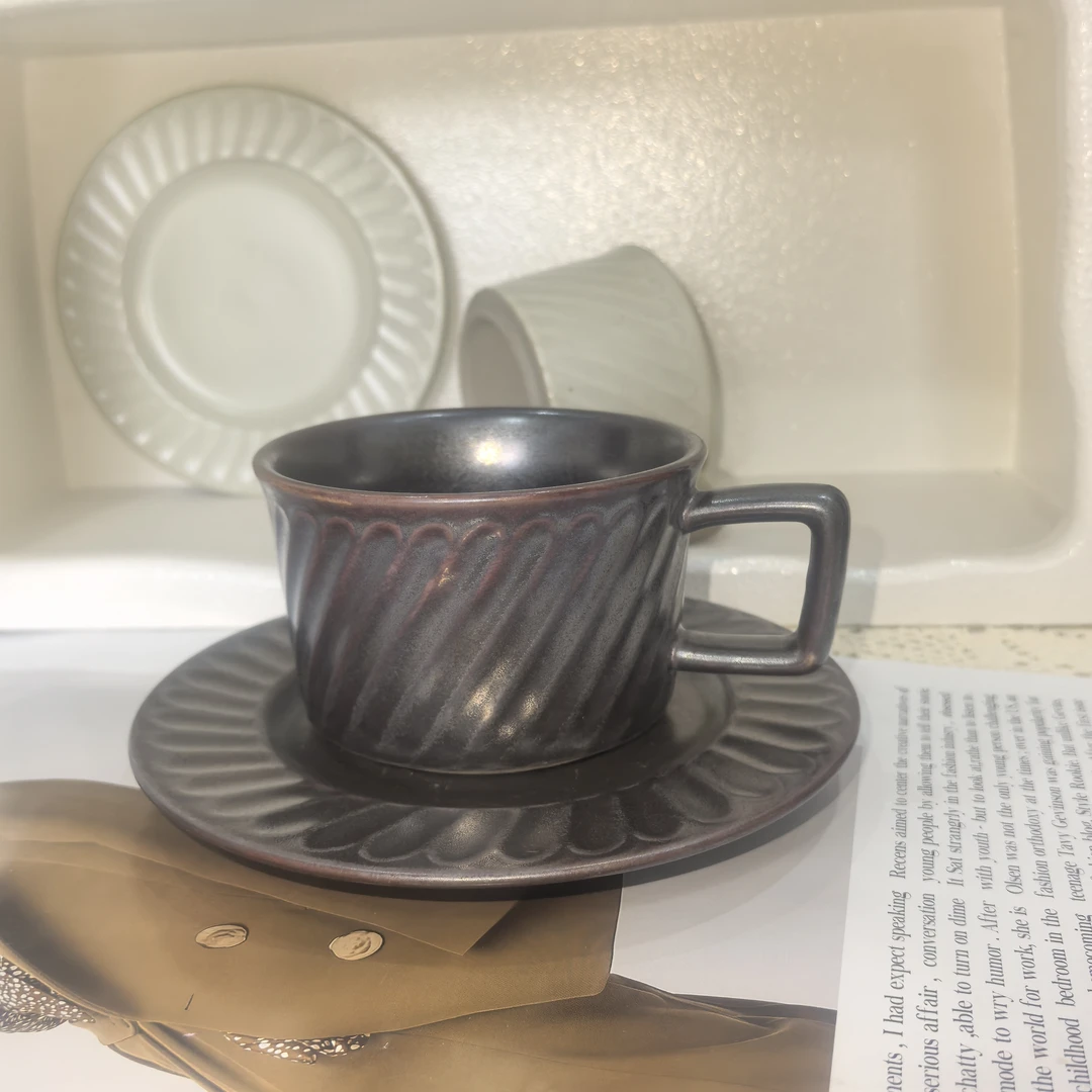 【日式粗陶咖啡杯碟】386（微瑕）高温釉下彩
