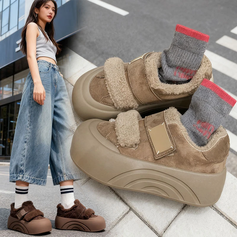 加绒厚底丑萌大头鞋女2025冬季新款毛毛保暖面包鞋魔术贴棉鞋女JX