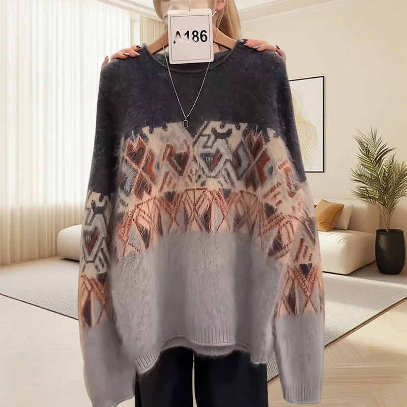 秋冬厚实磨毛提花针织小衫高级感简约时尚费尔岛圆领毛衣宽松上衣