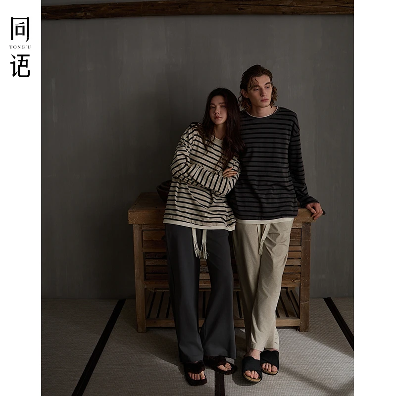 同语25年春秋季新款情侣睡衣柔软纯棉条纹长袖套装男女春夏家居服