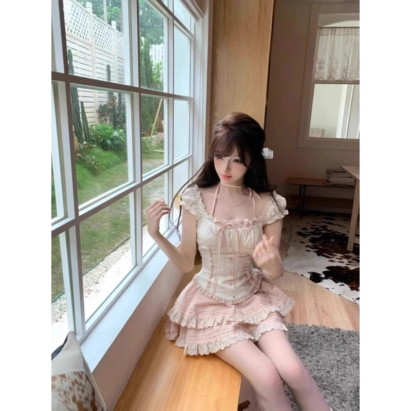 【破价秒发】甜美蕾丝刺绣花边收腰上衣女春纯欲风公主蓬蓬短裙套装