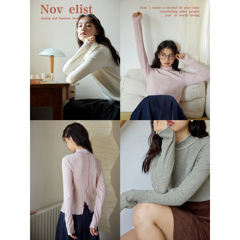Nov elist什一 木耳边半高领打底衫女修身显瘦坑条针织衫上衣