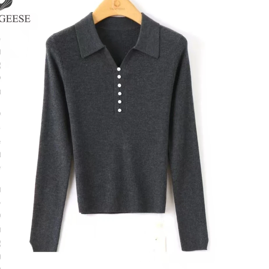 1薄款常规款翻领纯色女装修身长袖百搭毛衣针织衫