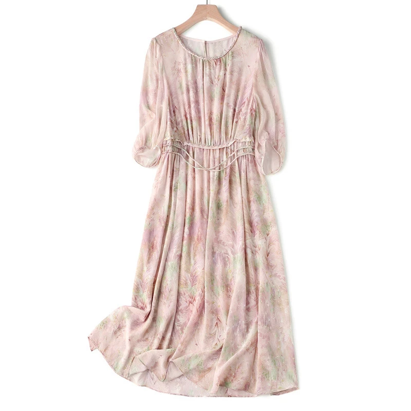 度假风夏连衣裙若芙南湘A级双绉法式气质印花连衣裙温婉晕染长