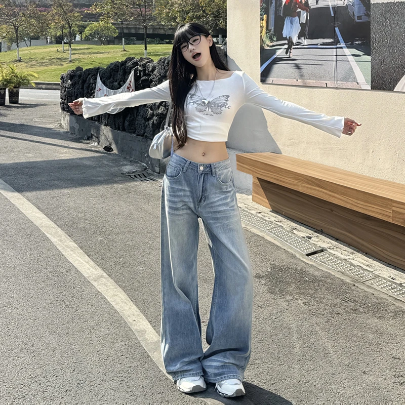 秋冬新款美式复古水洗折痕垂感拖地长裤高腰宽松直筒阔腿牛仔裤子