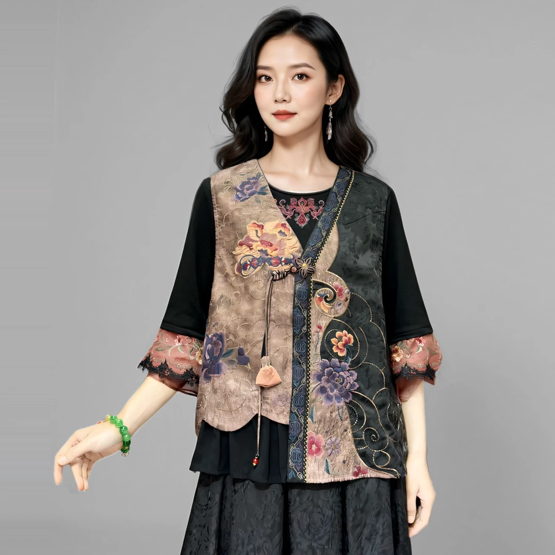 国风原创民族风重工刺绣马甲撞色拼接气质V领无袖百搭马夹上衣女