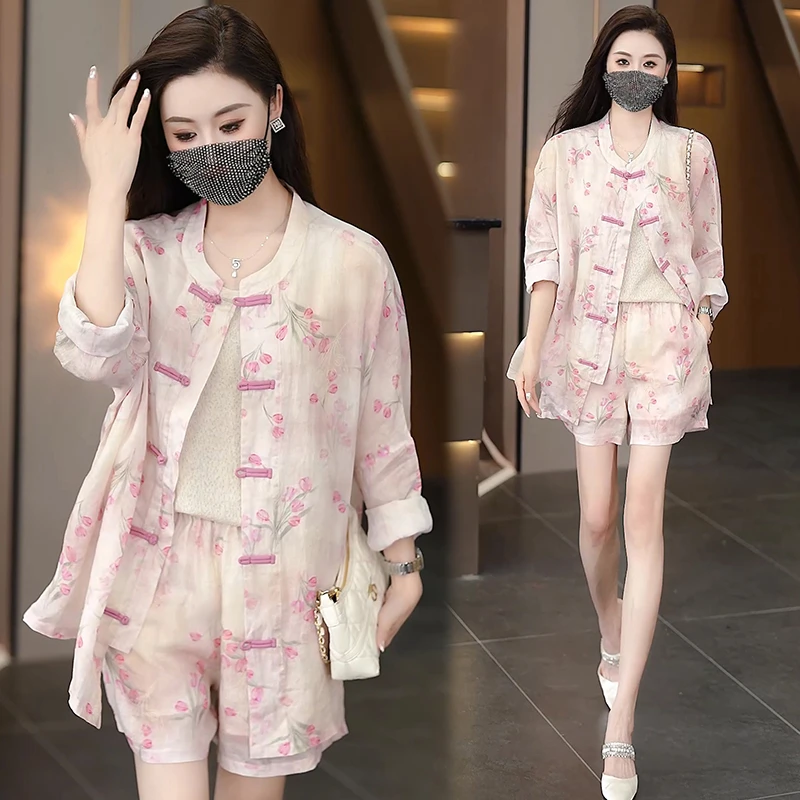 2025年夏季时尚百搭显瘦宽松盘扣复古中式减龄防晒衬衫短裤套装女