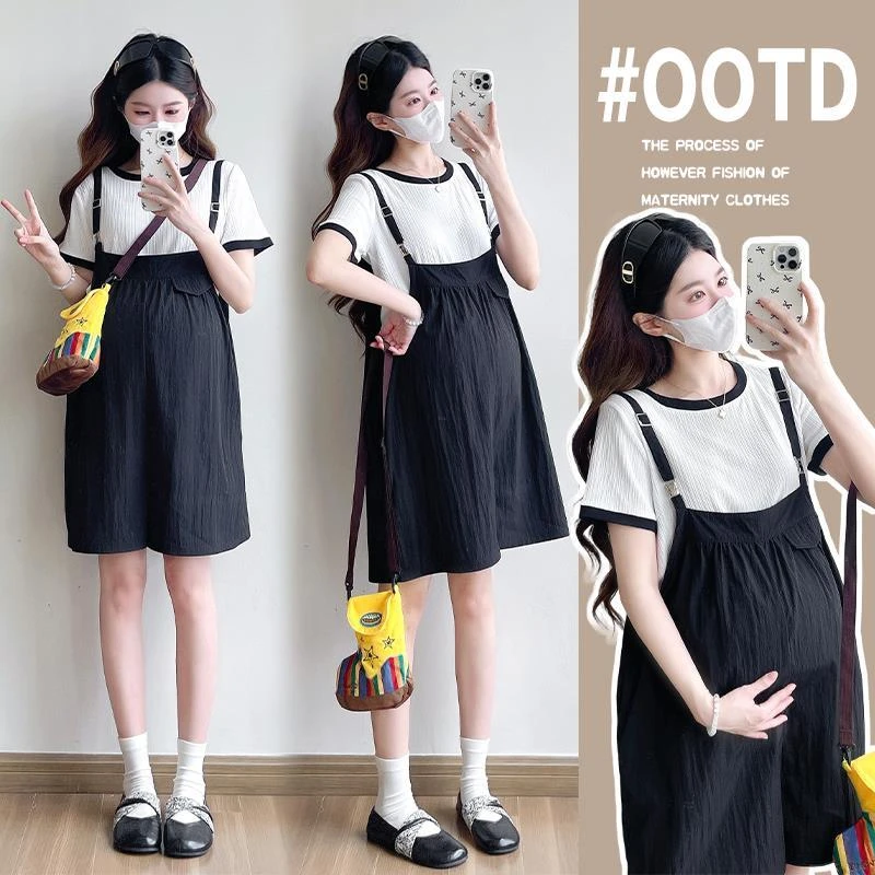 孕妇装2025夏季新款小个子时尚白色短袖上衣背带短裤子洋气两件套