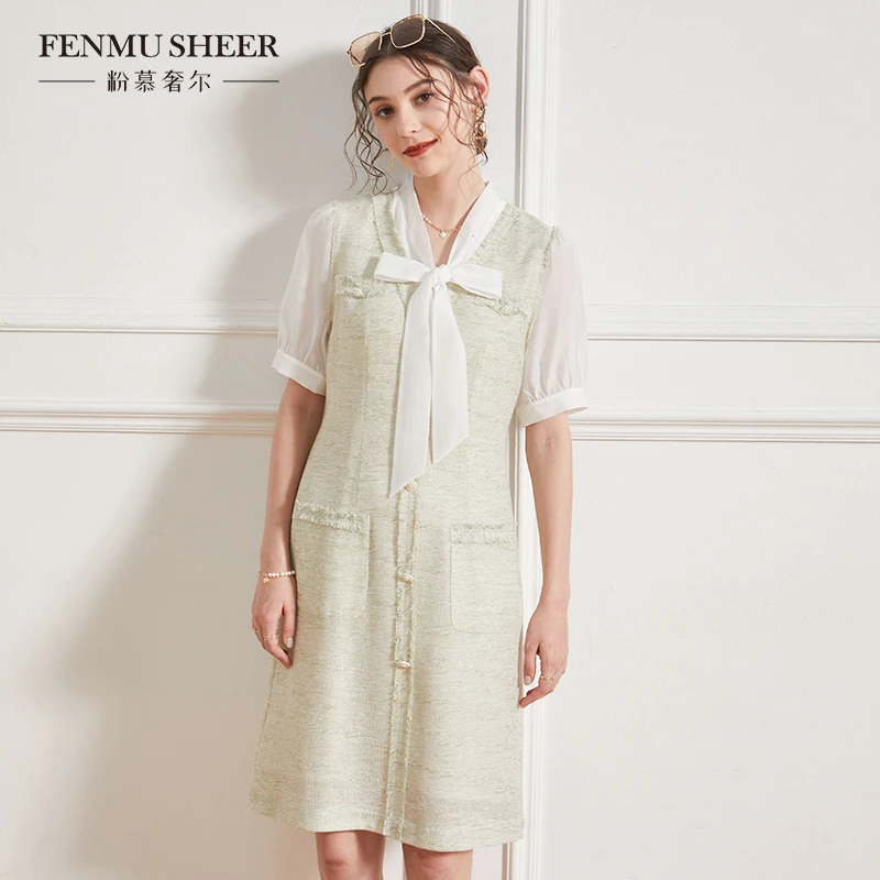 【格一专享】粉慕奢尔小香风蝴蝶结雪纺小众连衣裙-D985