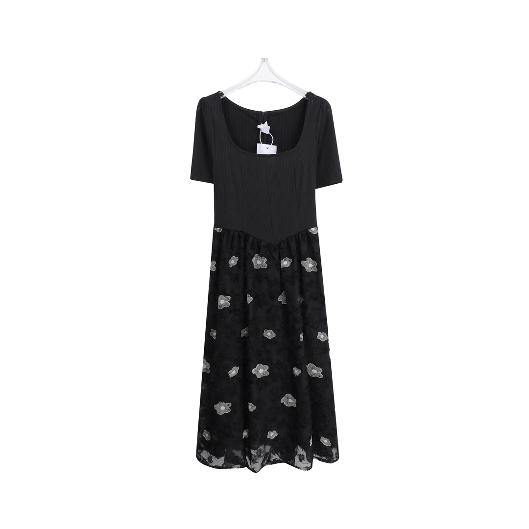 时尚拼接假两件刺绣印花气质收腰显瘦连衣裙A63039